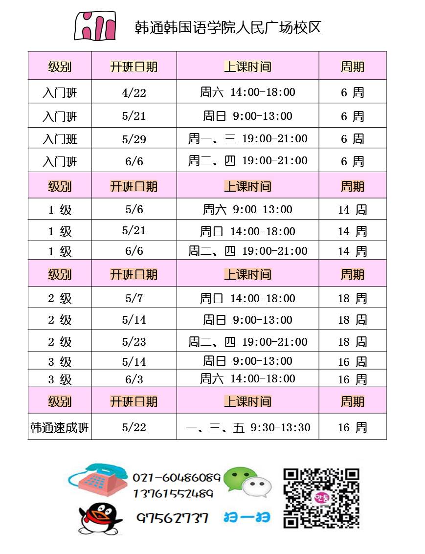 上海韩语培训:韩通人广校区5月开课(图1)