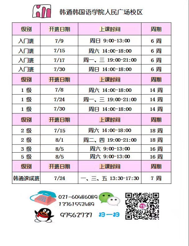 上海韩语培训:人广校区7月开课(图1)
