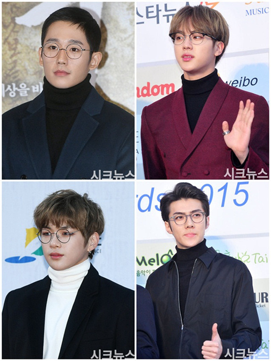 防弹少年团成员金硕珍、EXO成员吴世勋、WANNA ONE成员姜丹尼尔以及丁海寅（按顺时针方向排列）